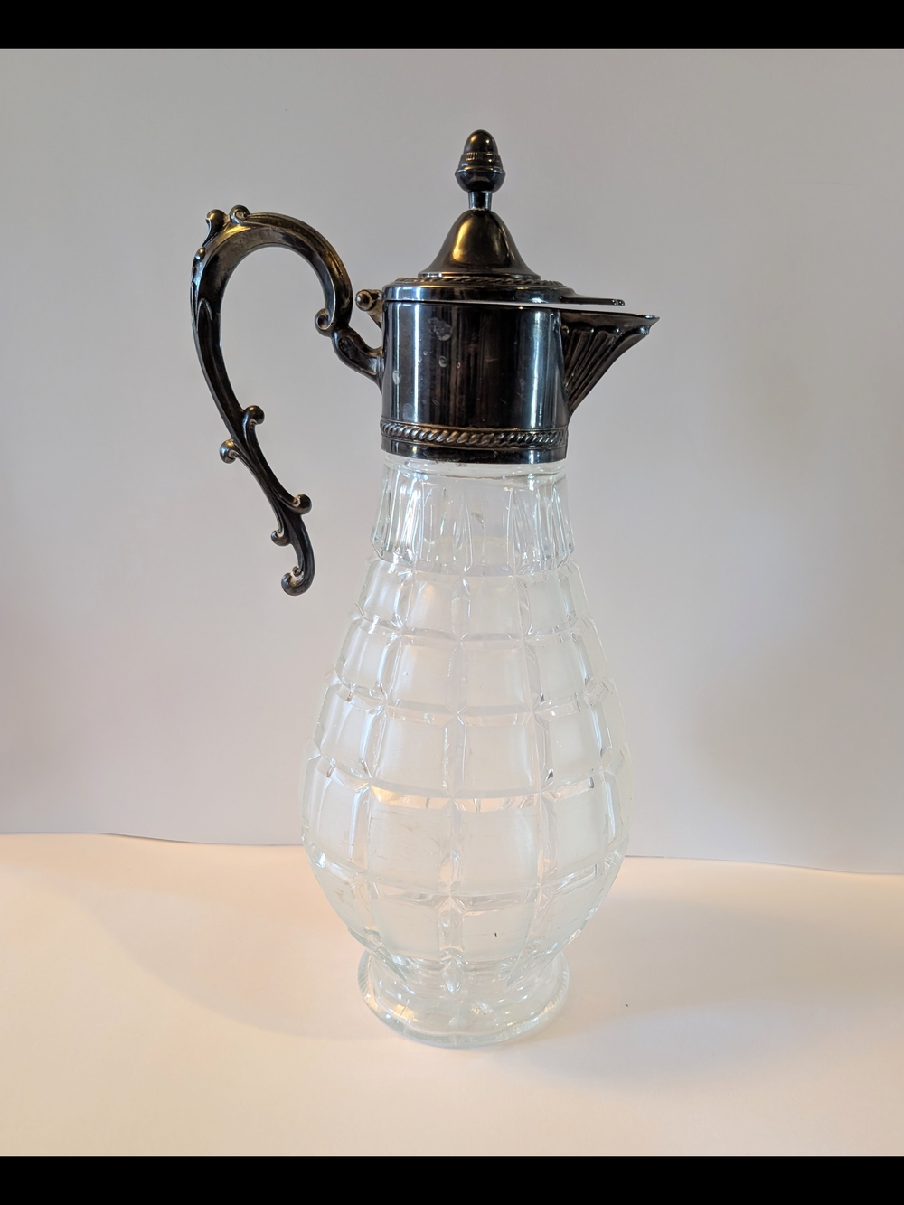 Etched‎ Crystal Sheffield Pitcher Silver Plated Lid and Handle Hand Cut